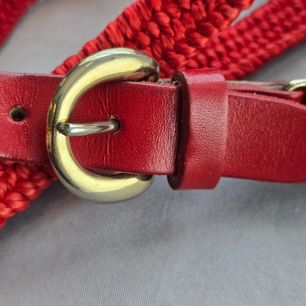 Vintage Red Woven Stretchy Braided Belt Gold‎ Tone Buckle Leather Trim 34